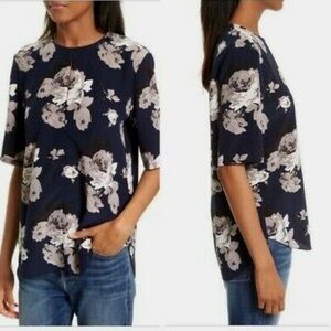 Theory Navy Silk Antazie Distressed Floral Blouse - XS